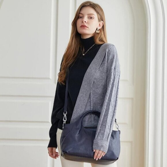 🆕Women Navy Blue Genuine Leather Shoulder Bags Purses Satchel Designer Handbag - Picture 7 of 8